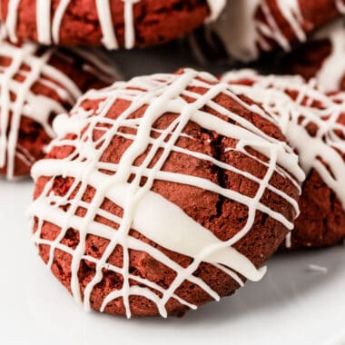 square close up image of a cake mix red velvet cookie