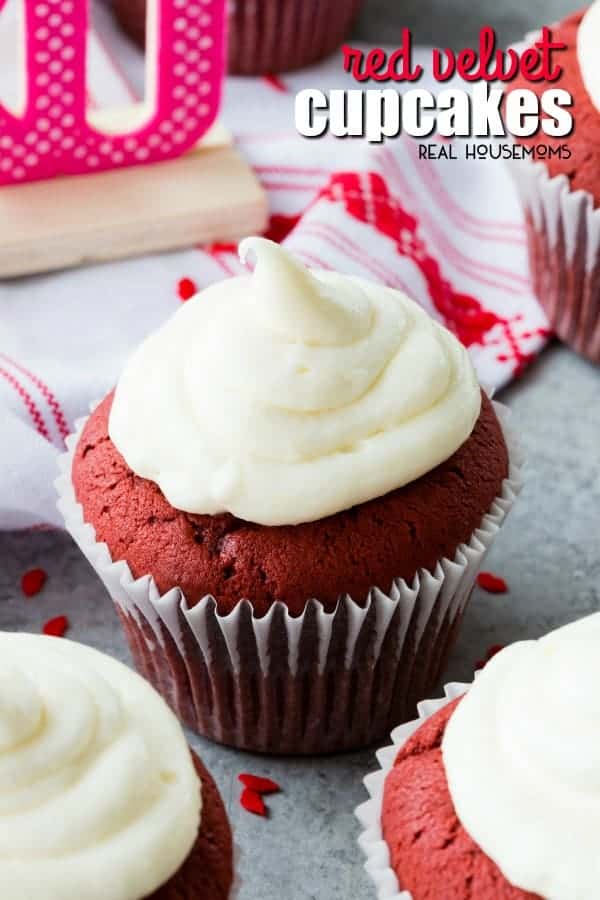 close up of red velvet cupcake with cream cheese frosting