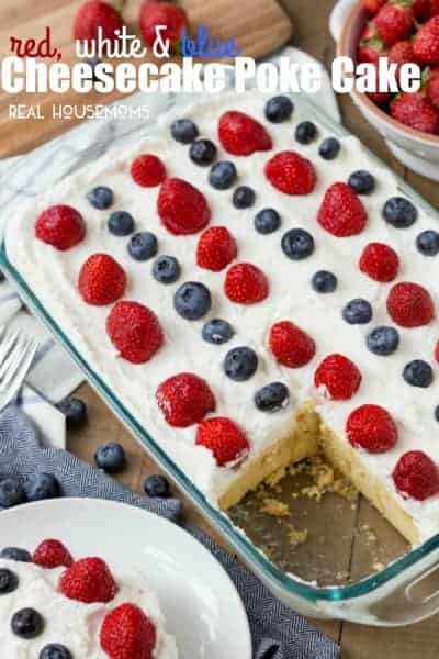 Red White and Blue Cheesecake Poke Cake-Easy Dessert Recipe