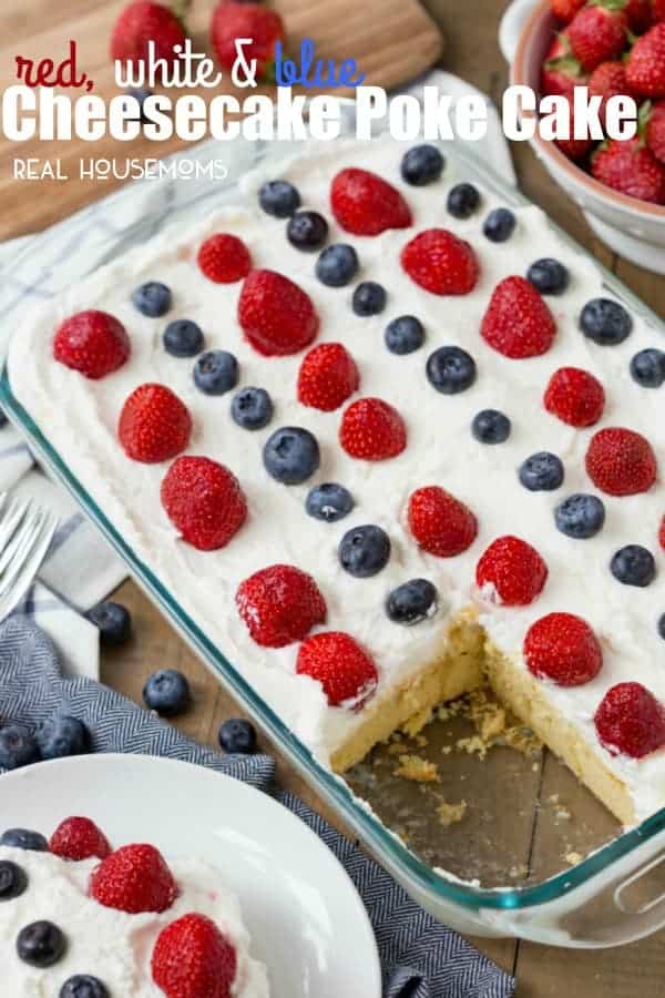 Red, White and Blue Cheesecake Poke Cake is a super easy dessert recipe that is perfect for celebrating the Fourth of July!