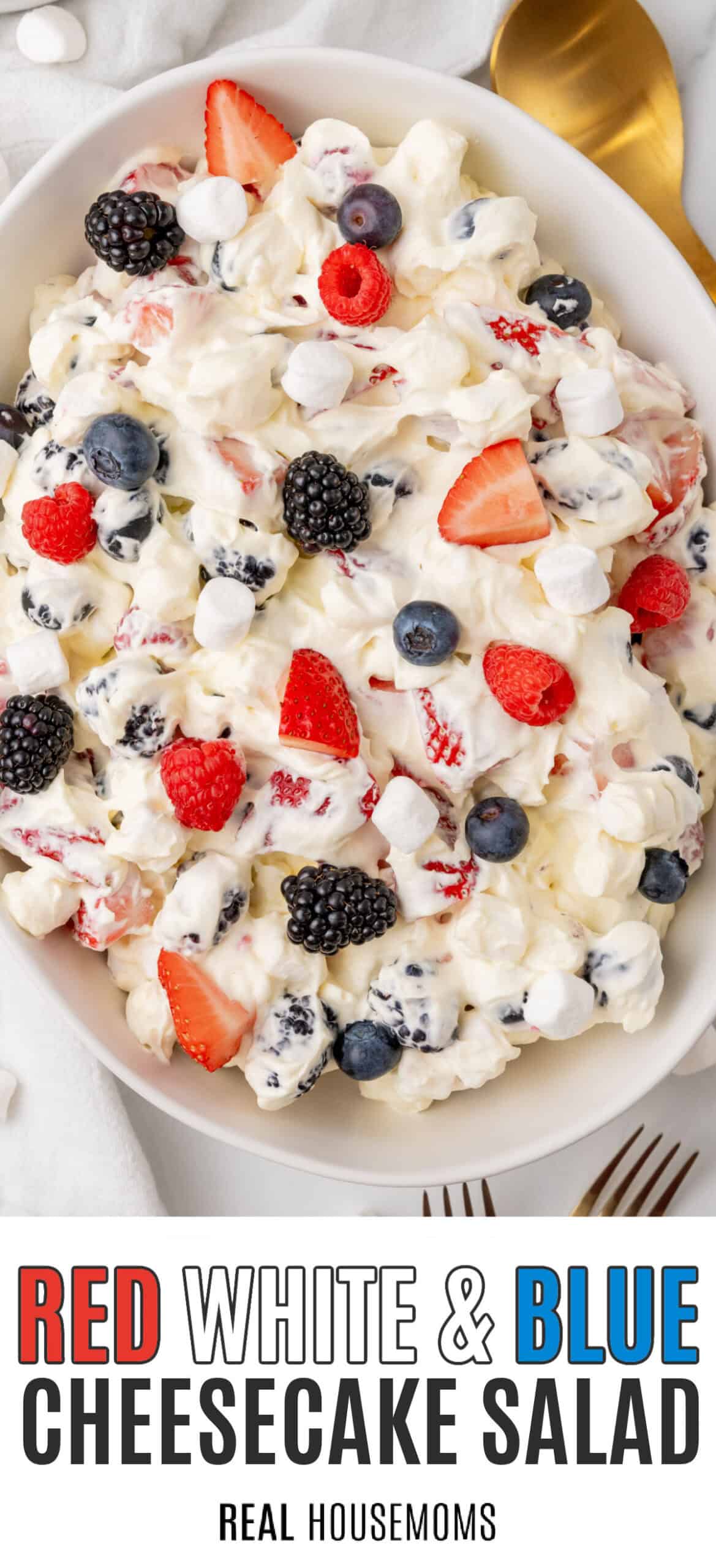 looking down at a bowl of red white and blue cheesecake salad with recipe name at the bottom