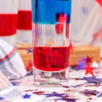 red white and blue shooter with recipe name at the bottom