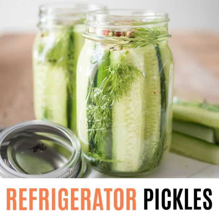 Square image of Refrigerator Pickles with text