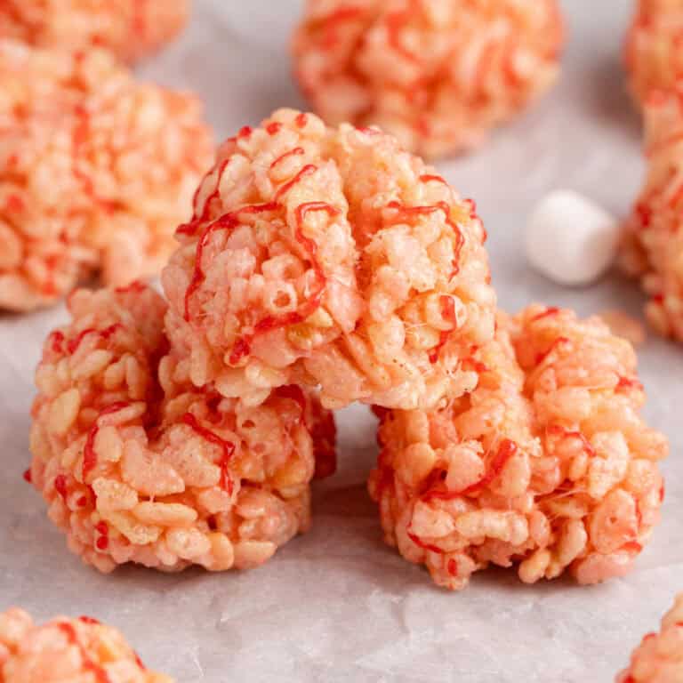 square image of three rice krispie treats brains stacked up