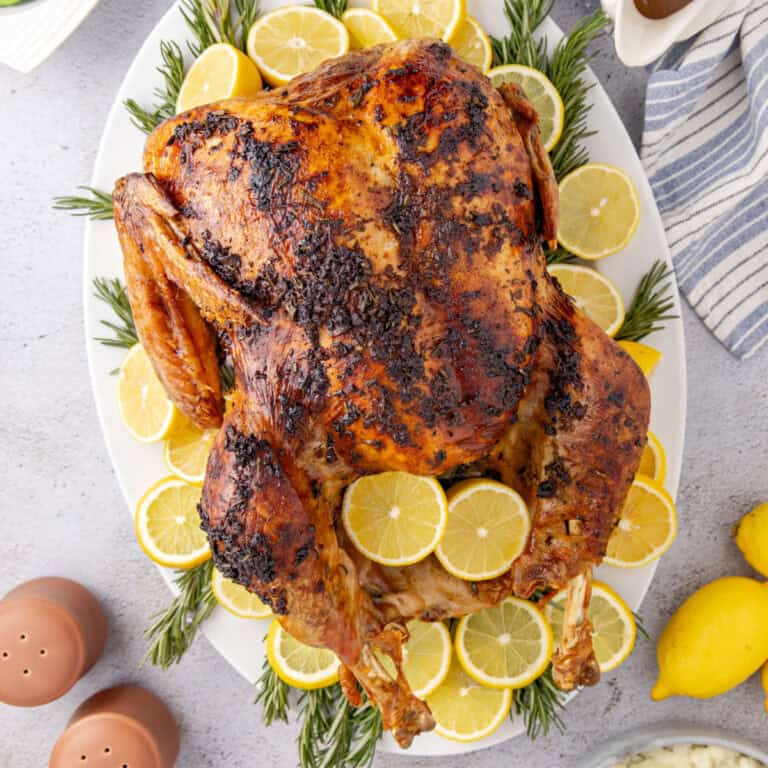 square image of a whole roast turkey on a platter with lemons and rosemary