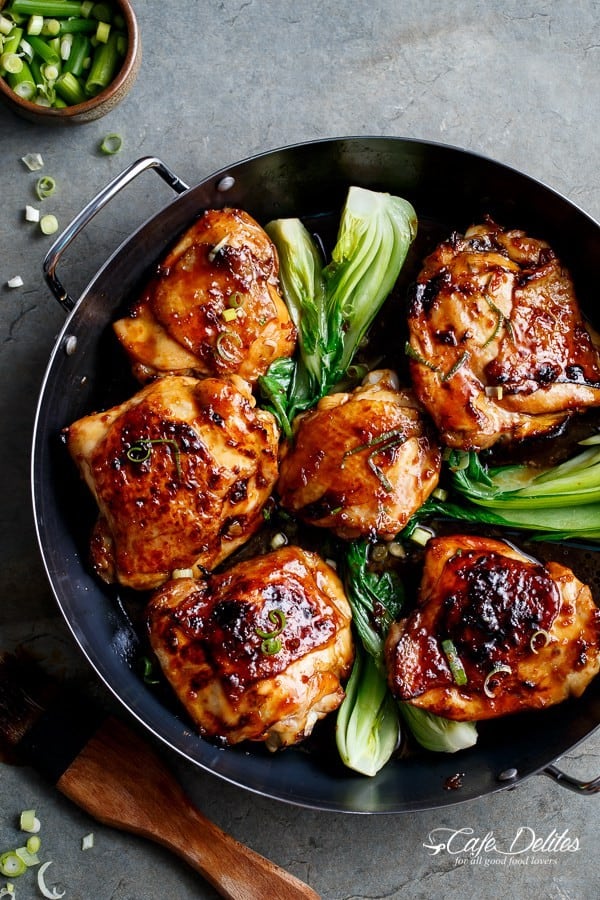 Roasted Asian Glazed Chicken Thighs with Steamed Bok Choy - Cafe Delites