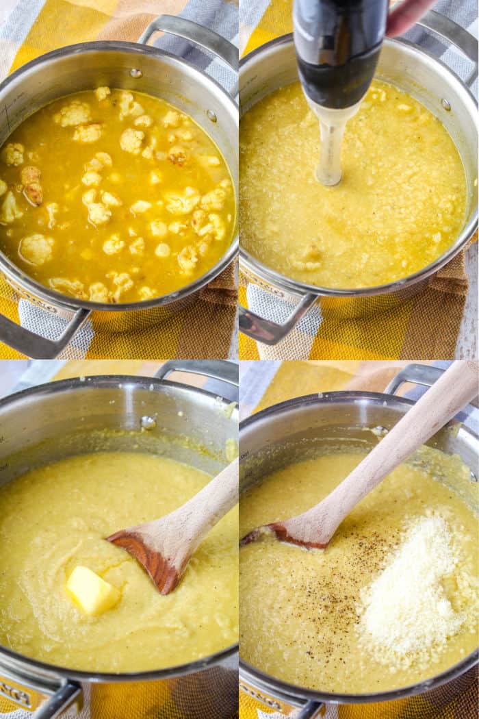 vegetable broth and culiwlfoer in a pot after simmering, immersion blender in a pot pureeing soup ingredients, butter being added to cauliflower soup, wooden soup in a pot of soup with pepper and parmesan chees on top