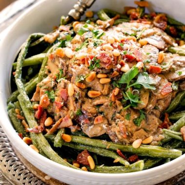 Ridiculously flavorful, creamy ROASTED GREEN BEANS WITH CREMINI MUSHROOM SAUCE easy enough for every day but delicious enough for special occasions!
