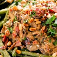 Ridiculously flavorful, creamy ROASTED GREEN BEANS WITH CREMINI MUSHROOM SAUCE easy enough for every day but delicious enough for special occasions!