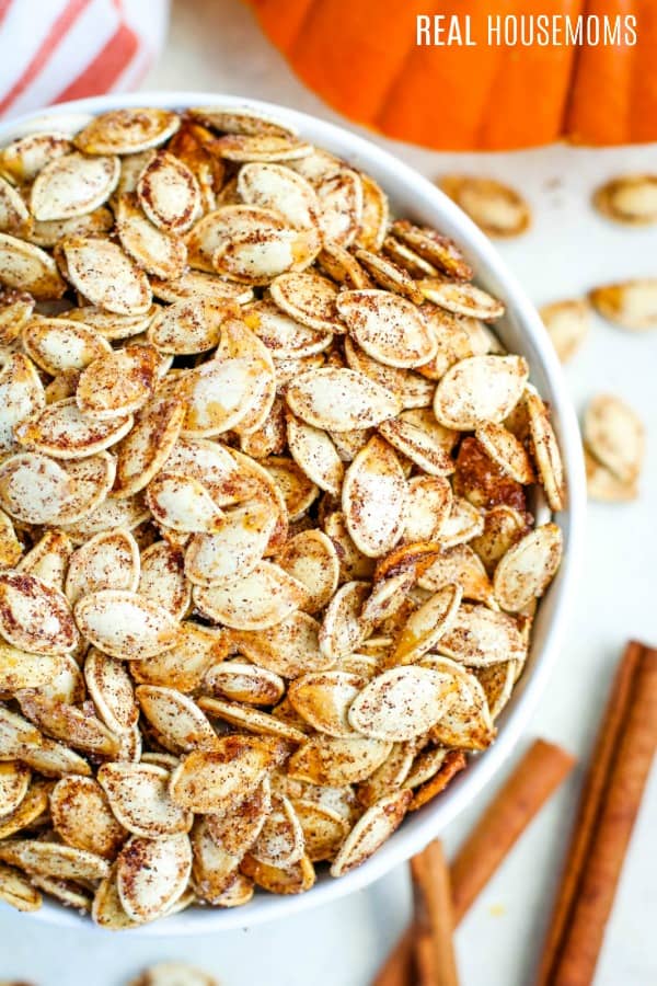 roasted pumpkin seeds in a serving bowl