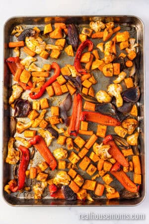 roasted vegetables for curry on a baking sheet