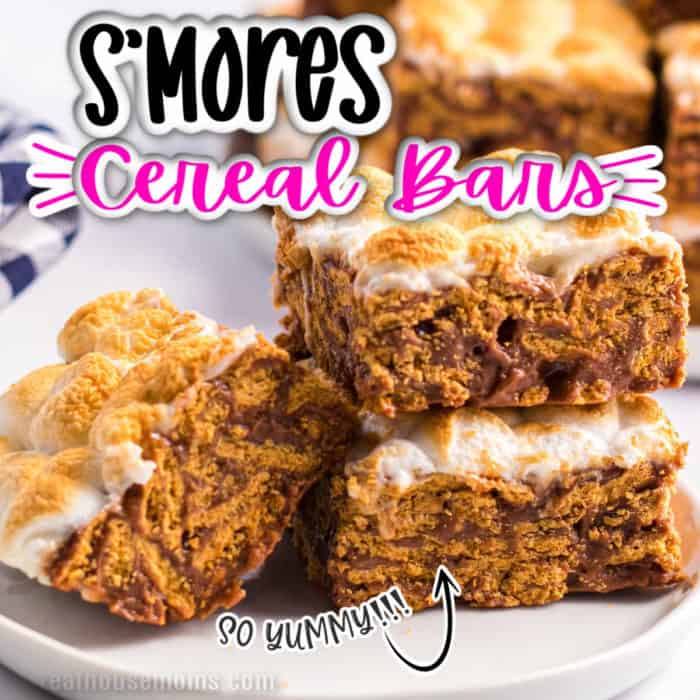 S'mores Cereal Bars taste just like camp to me! Crunchy cereal covered in smooth milk chocolate and topped with gooey toasted marshmallows - what could be better? square image of smores cereal bars, stack go bars on a plate