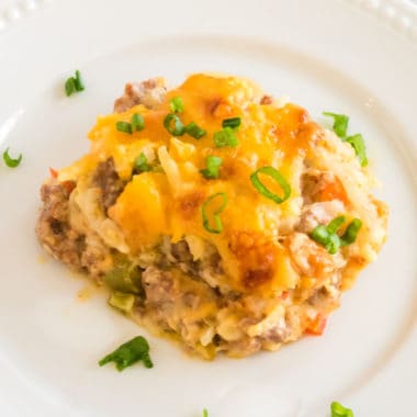 Loaded with hearty sausage and fresh veggies, this creamy, cheesy Sausage Hash Brown Casserole is easy to make and so delectable!