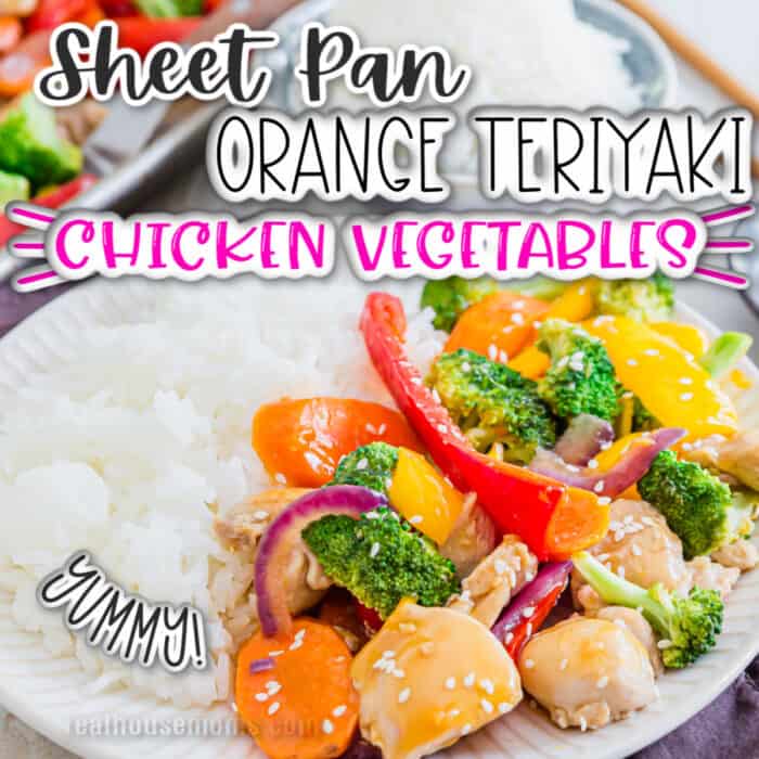 square image of Sheet Pan Orange Teriyaki Chicken Vegetable on a white plate with a side of rice