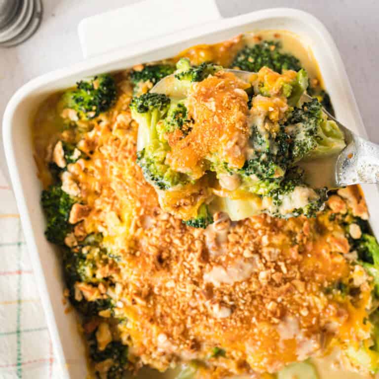 SPOON OF SIMPLE BROCCOLI CASSEROLE FROM THE DISH