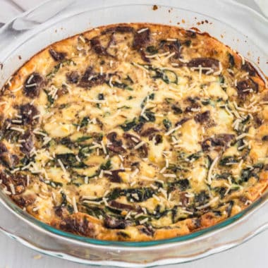 My Spinach Mushroom Feta Crustless Quiche Recipe is a healthy egg breakfast that's full of flavor. It's the definition of guilt-free breakfast indulgence!