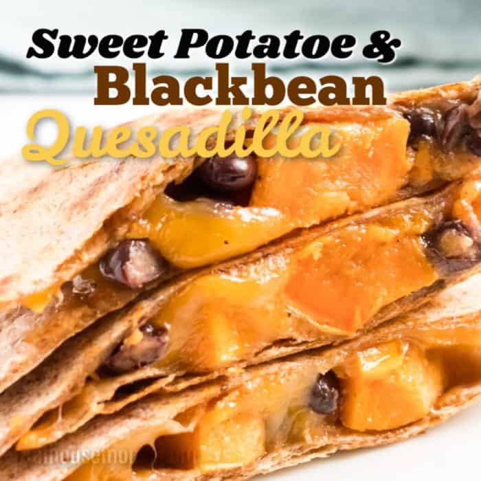 square image of black bean quesadillas with text