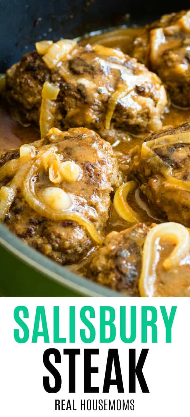 salisbury steak in a skillet covered in gravy and onions
