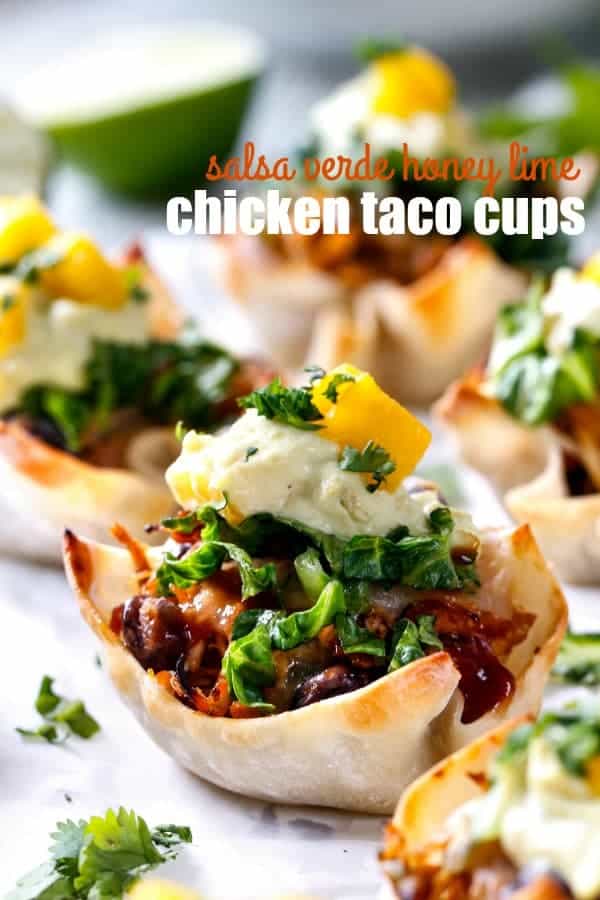 SALSA VERDE HONEY LIME CHICKEN TACO CUPS baked in wonton wrappers, stuffed with irresistible slow cooker chicken and smothered in cheese for an easy satisfying appetizer, snack or meal. You won’t be able to eat just three!