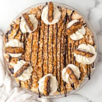square image of a whole samoa ice cream pie in a plate plate