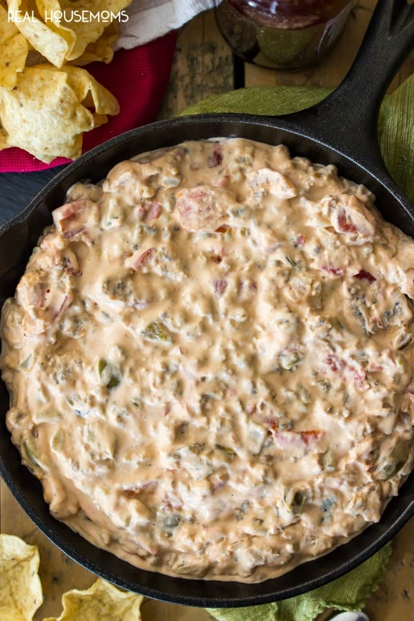 Creamy, spicy Sausage Cream Cheese Dip served up for a party with chips