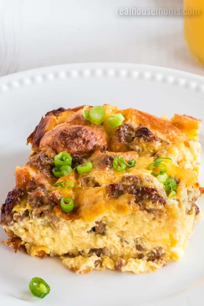 close up of a slice of sausage egg breakfast casserole