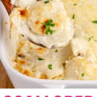 scalloped potatoes on a wooden spoon over the baking dish with recipe name at the bottom
