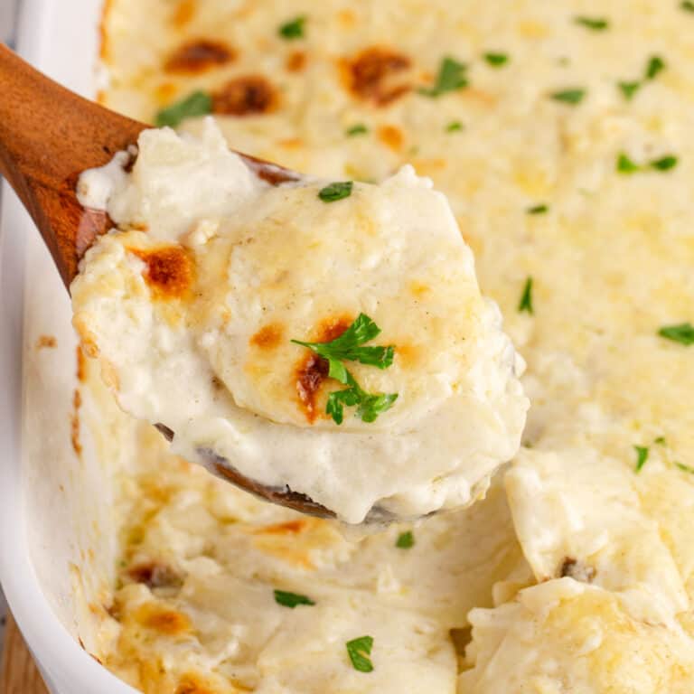 square image of scalloped potatoes on a wooden spoon over the baking dish