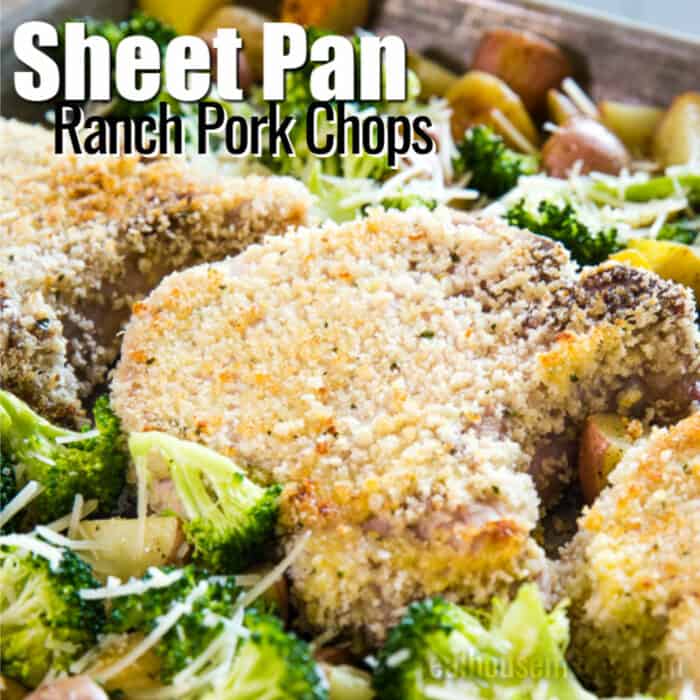 square image of sheet pan ranch pork chops with text