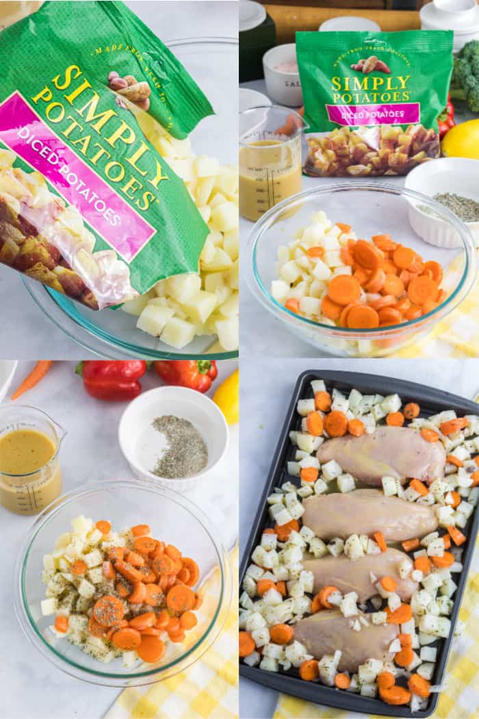 seasoning potatoes and carrots for sheet pan dinner