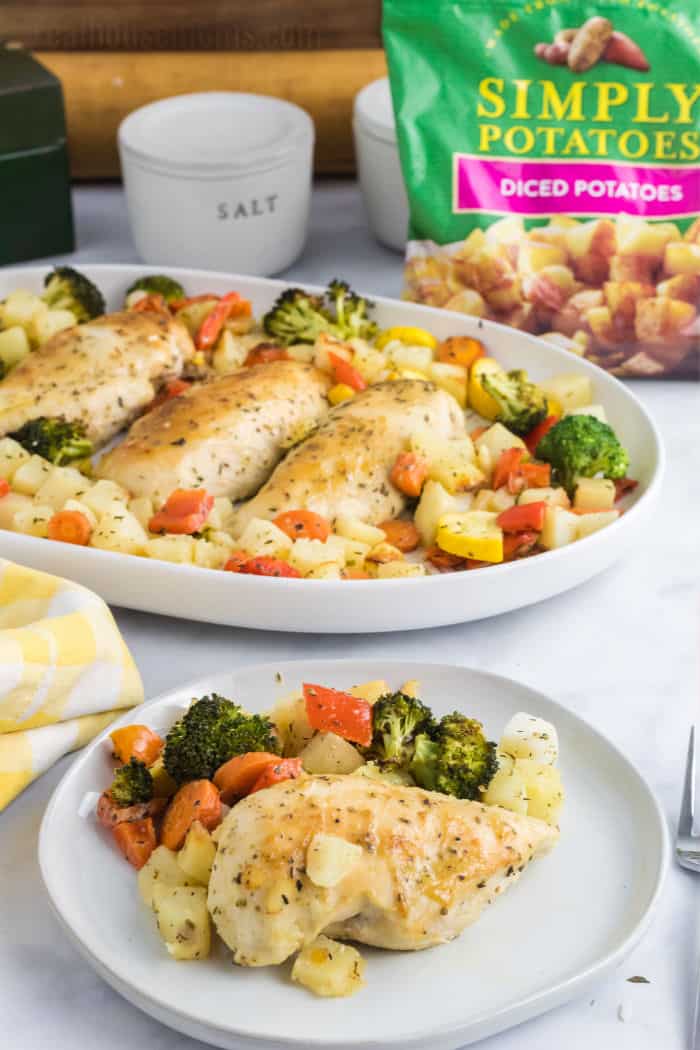 chicken breast with vegetables and potatoes on a plate