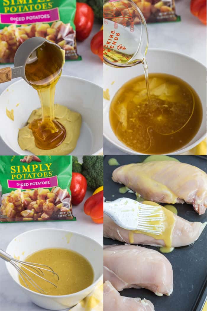 making honey mustard and dressing chicken for sheet pan dinner