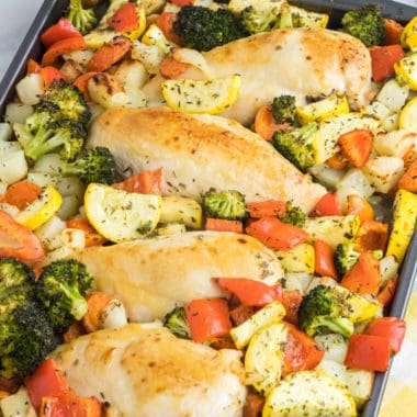 Moist chicken, flavorful vegetables, and perfectly seasoned potatoes - Sheet Pan Honey Mustard Chicken is a simple dish that is sure to be a crowd-pleaser! Prepped and cooked in under an hour with only a few dishes to clean, this easy recipe is sure to be a family favorite!