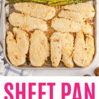 sheet pan ranch chicken dinner on the baking sheet with recipe name at the bottom