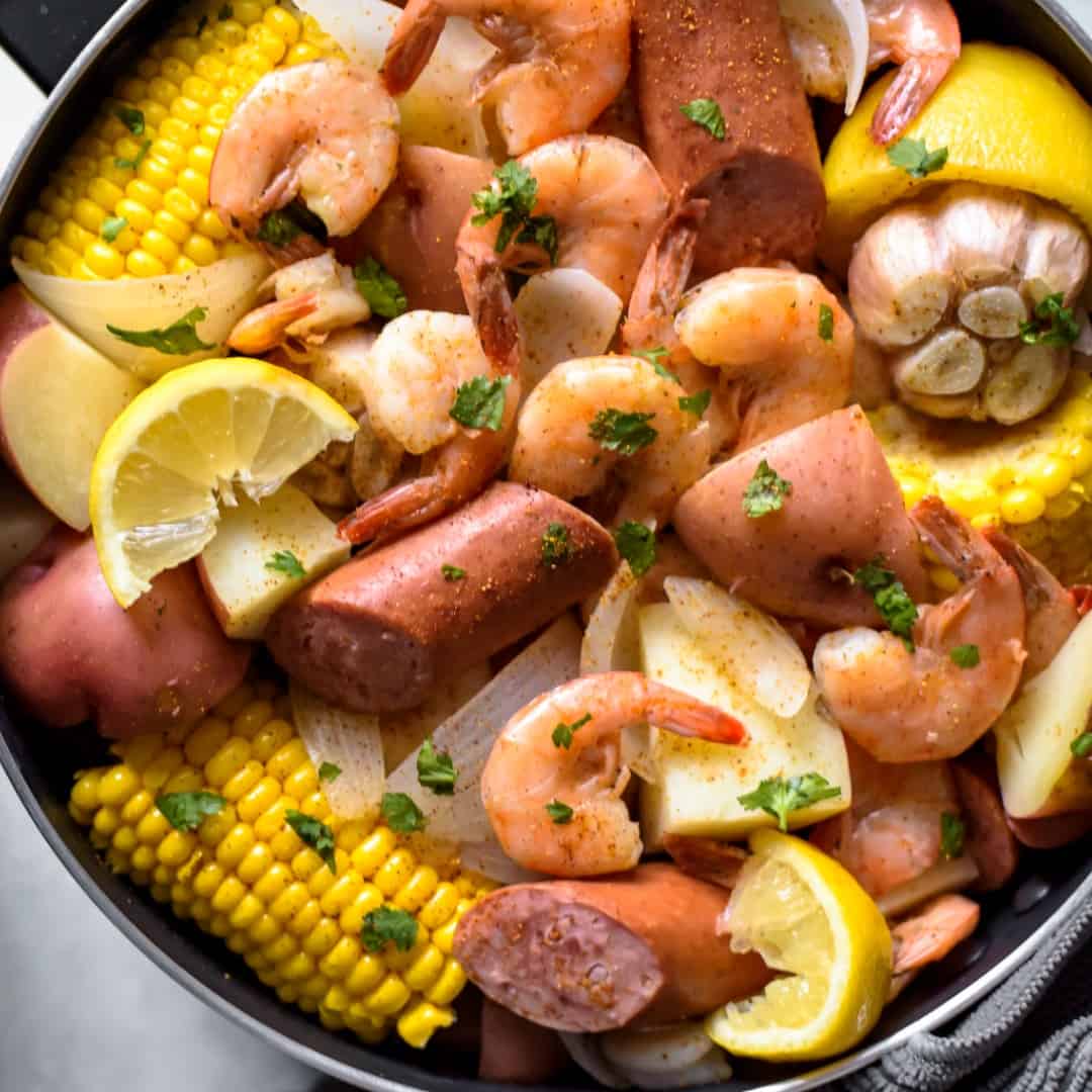 If you're looking for an easy meal to feed a crowd with, a low-country Shrimp Boil is it! Complete with shrimp, sausage, potatoes, and corn, it's a hearty one-pot feast that's ready in no time at all!