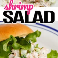 top is a close up of shrimp salad , bottom is shrimp salad in a bun with lettuce