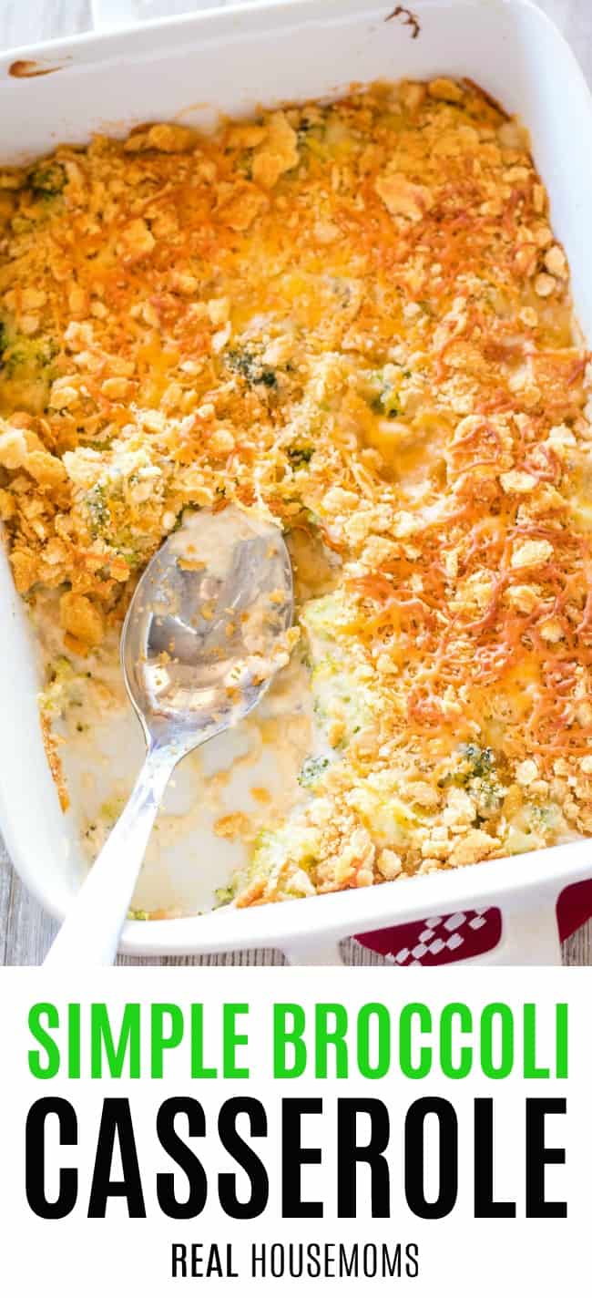 easy broccoli casserole in a baking dish with a serving spoon