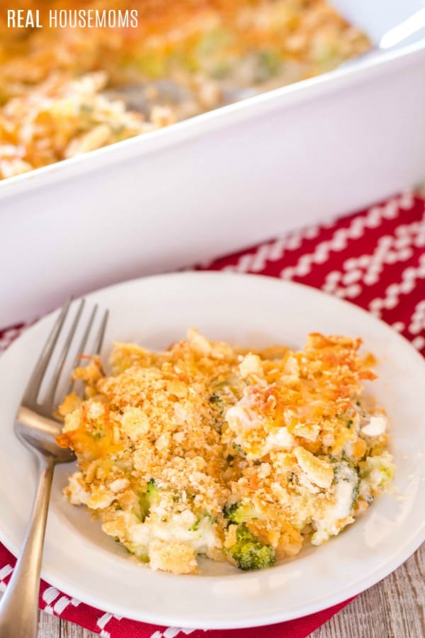 serving of broccoli casserole on a plate with a fork