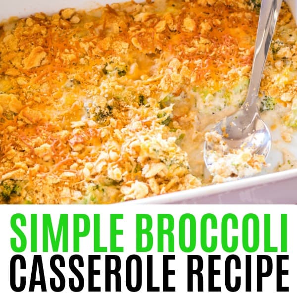 square image of simple broccoli casserole with text