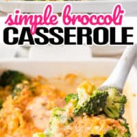 top picture is broccoli casserole in the baking dish, bottom picture is a spoon full of broccoli casserole with a big baking dish full of the casserole. with pink and black lettering