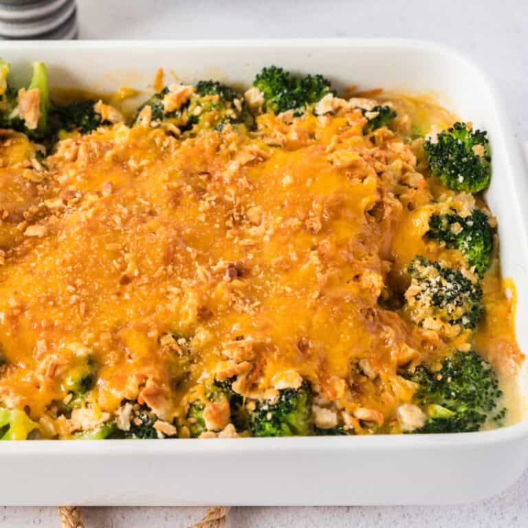 square image of broccoli casserole in the baking dish