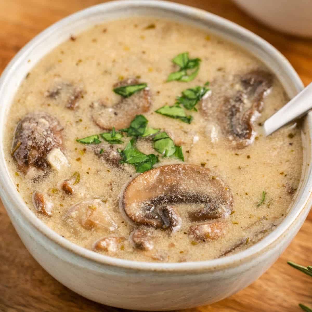 square image of a bowl of sinny cream of mushroom soup with a spoon