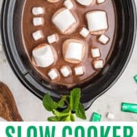 slow cooker andes mint hot chocolate in a crock pot with marshmallows on top with recipe name at the bottom