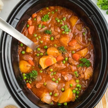 square image of slow cooker beef stew in a crock pot