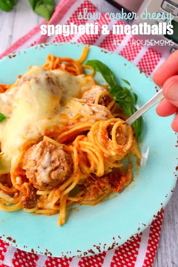 If your family loves spaghetti and meatballs, then you've gotta try this easy, slow cooker version! Loaded with Italian meatballs, ricotta and mozzarella cheeses, this easy SLOW COOKER CHEESY SPAGHETTI AND MEATBALLS recipe is a fantastic dinner option 