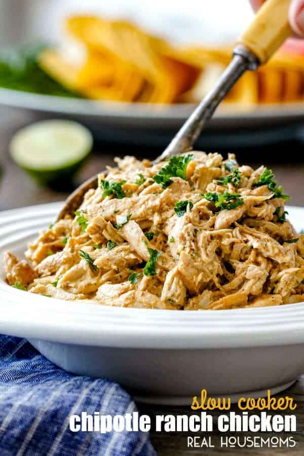 SLOW COOKER CHIPOTLE RANCH CHICKEN is juicy perfection that's a staple everyone needs in their back pocket! Incredibly versatile, flavorful chicken for tacos, burritos, nachos, soups, salads, etc. and all you do is dump and run!