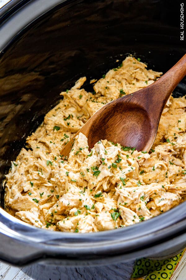 SLOW COOKER CHIPOTLE RANCH CHICKEN is juicy perfection that's a staple everyone needs in their back pocket! Incredibly versatile, flavorful chicken for tacos, burritos, nachos, soups, salads, etc. and all you do is dump and run! 