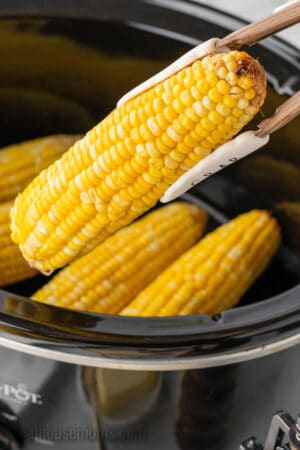 tongs lifting an ear of slow cooker corn on the cob from the crock pot