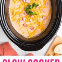 slow cooker ham and potato cheese soup in a crock pot with recipe name at the bottom