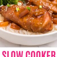 slow cooker pineapple teriyaki chicken on a plate with rice and broccoli with recipe name at the bottom